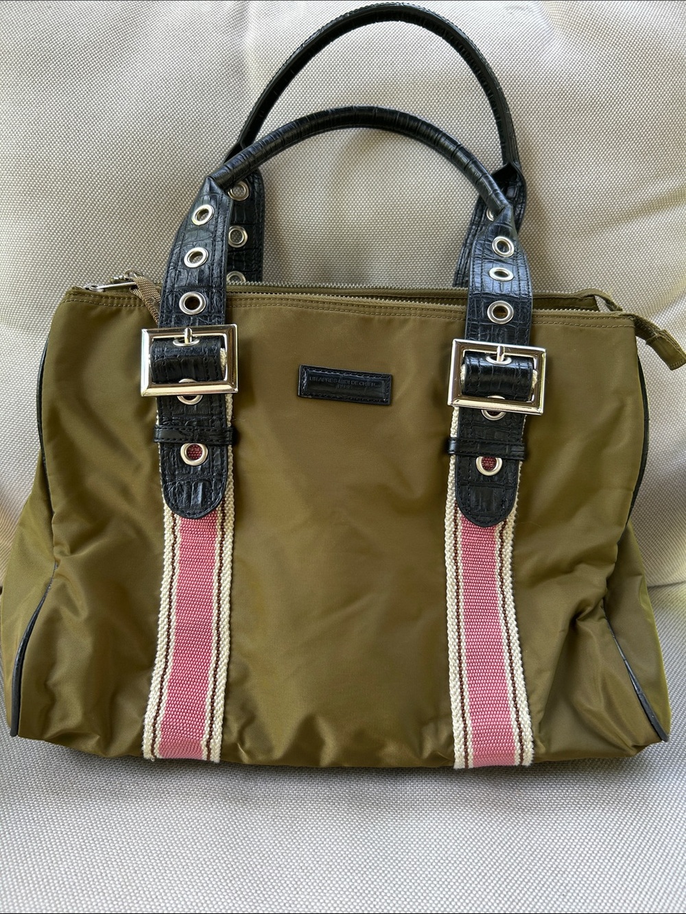 Olive Green Tote with Pink Stripe and Black Trim - Chic Everyday Shoulder Bag